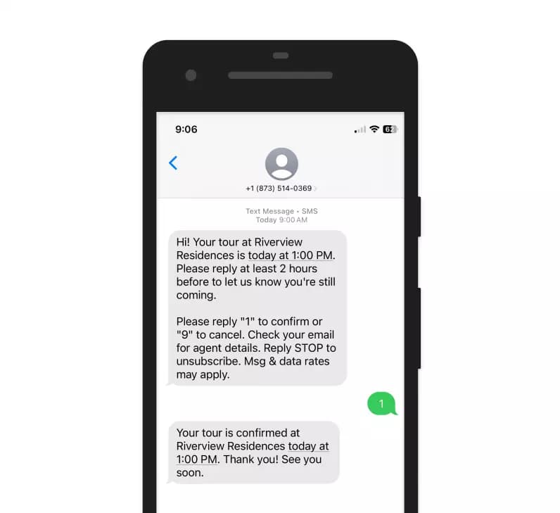 Automated tour reminder text message sent before scheduled appointment