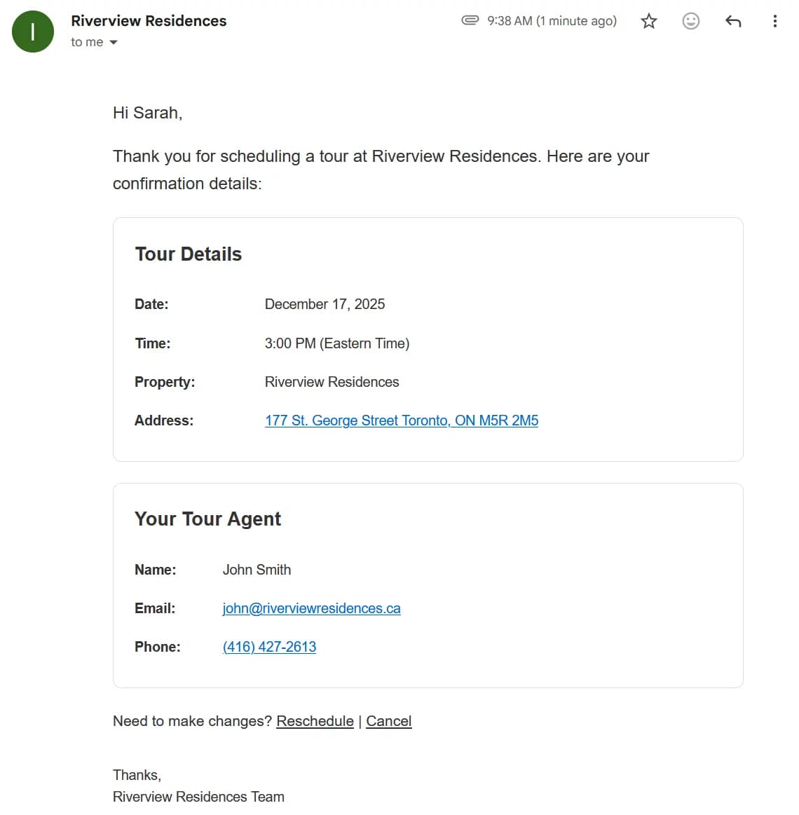 Tour confirmation email showing property details, date, time, and reschedule options