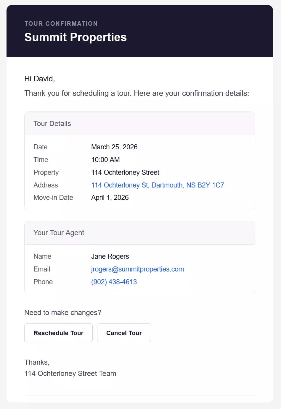 Tour confirmation email showing property details, date, time, and reschedule options