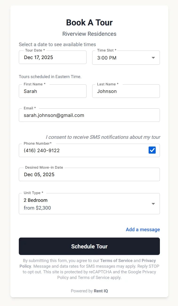 Tour booking form showing date selection, time slots, and guest information fields
