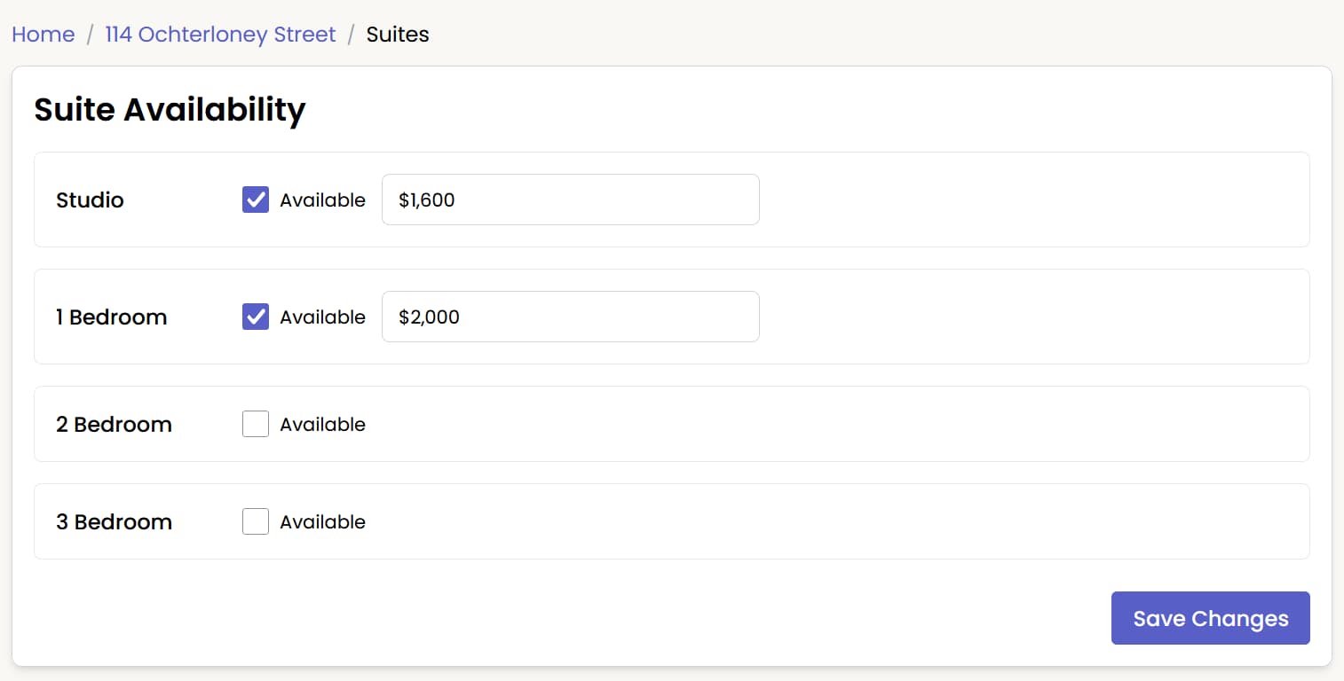 Suite availability page showing unit types with an availability toggle and rent field for each