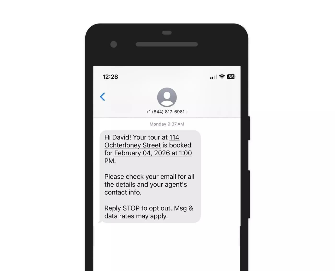 Text message confirmation showing tour details and reschedule link