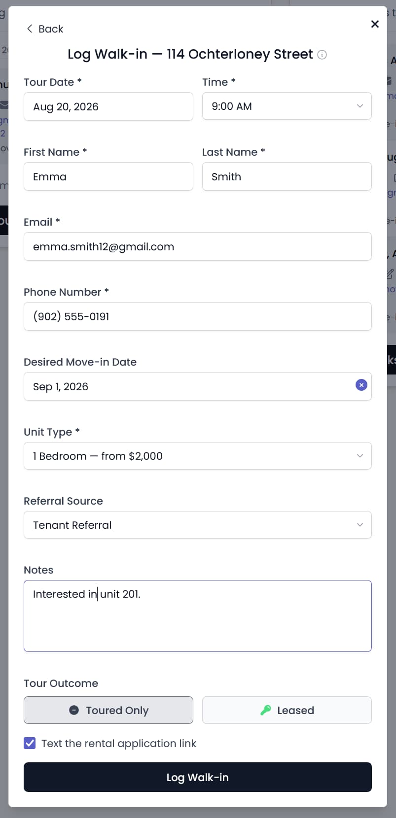 Log Walk-in tour form in walk-in mode, showing time selection for when the property was open and the option to text the guest the rental application