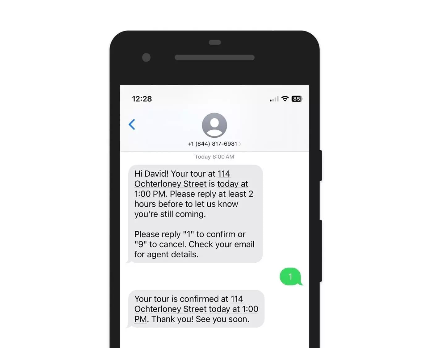 Text message reminder sent the day before the scheduled tour