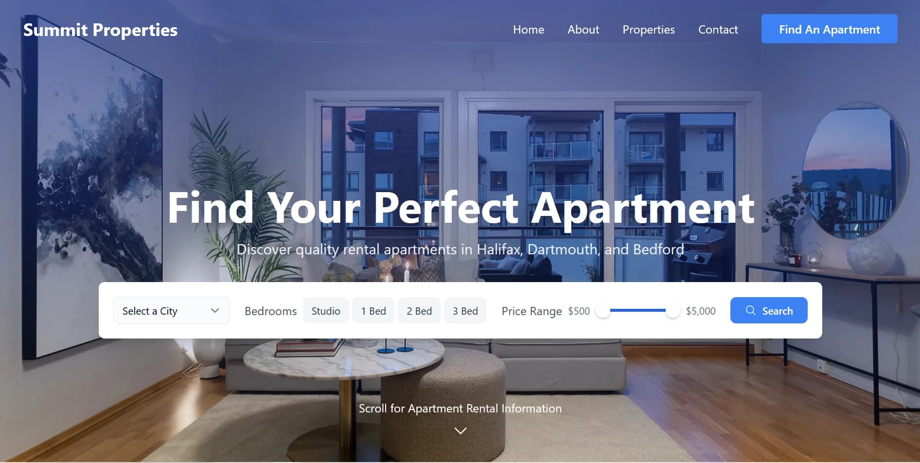 Homepage with availability search widget allowing visitors to search units immediately