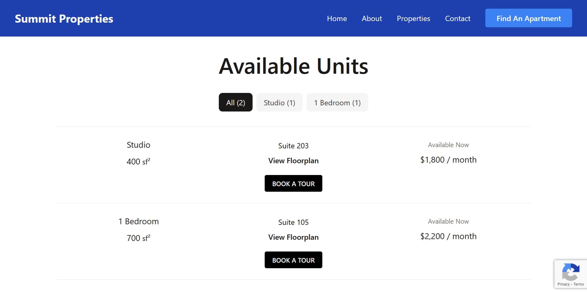 Individual property page displaying real-time unit availability and pricing