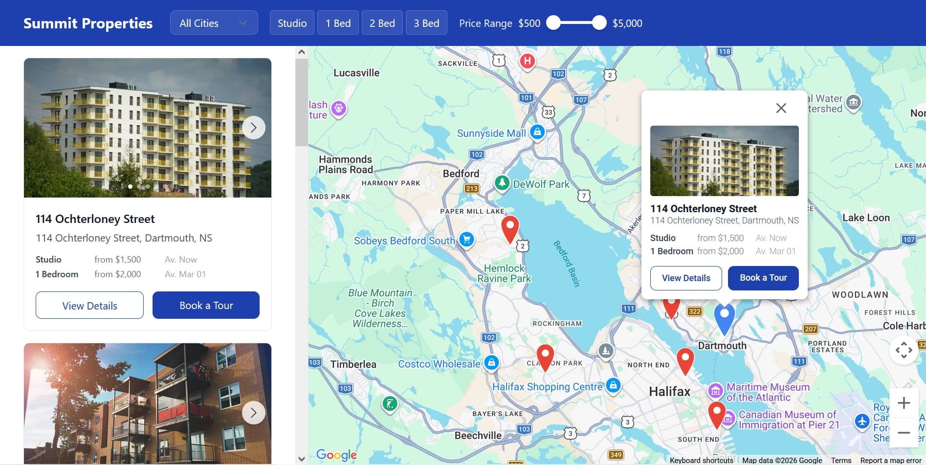 Interactive map view showing property locations with availability information